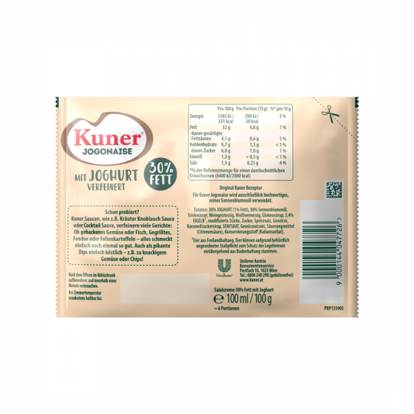 Kuner Jogonaise, 30 % Fett, mit Freilandeiern und Joghurt, 100 ml Rückseite